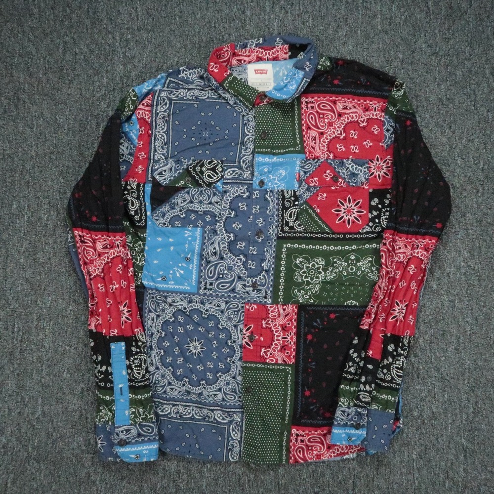 Levis Shirt Mens Large Blue Red Bandana Patchwork Paisley Long Sleeve Button Up